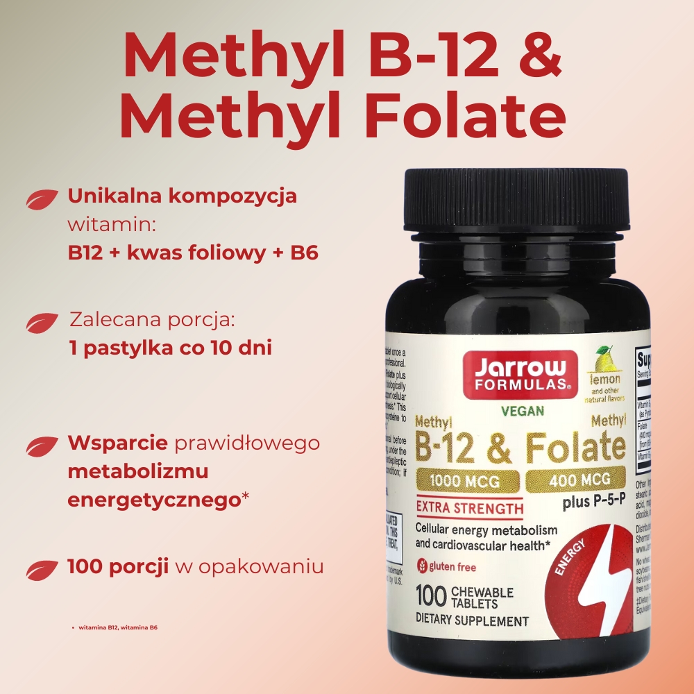 Opakowanie suplementu diety Jarrow Methyl B-12 & Methyl Folate – widok z przodu. Produkt zawiera witaminy B12, B6 oraz kwas foliowy wspierające zdrowie układu nerwowego i krwiotwórczego. Etykieta na białym tle z informacjami o dawkowaniu i składnikach.