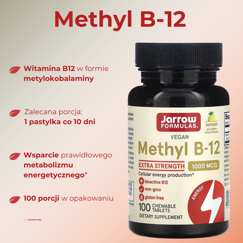 Opakowanie suplementu diety Jarrow Methyl B-12 1000 mcg – widok z przodu. Produkt zawiera witaminę B12 w formie metylokobalaminy, wspierającą zdrowie układu nerwowego i krwiotwórczego. Etykieta na białym tle z informacjami o dawkowaniu i składnikach.