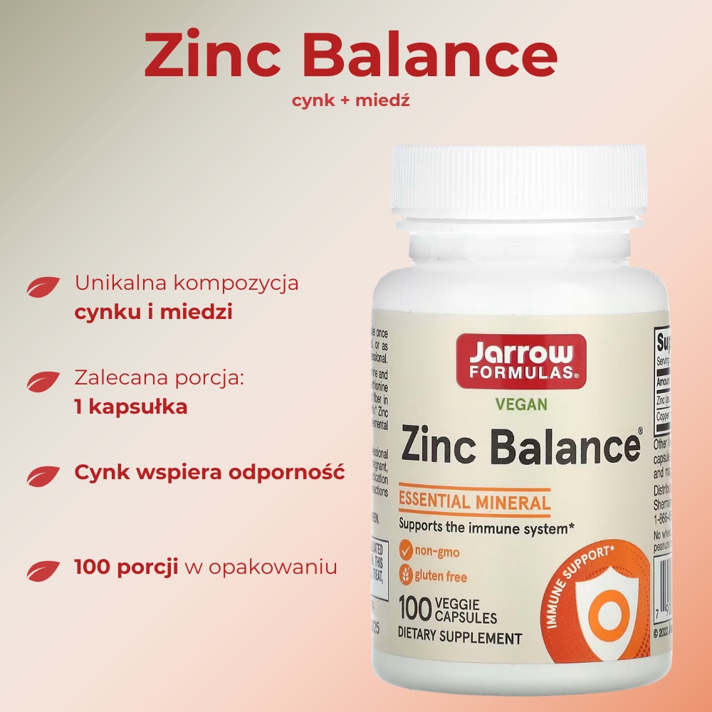 Opakowanie suplementu diety Jarrow Zinc Balance – widok z przodu. Produkt zawiera cynk wspierający zdrowie układu odpornościowego i funkcje enzymatyczne. Etykieta na białym tle z logo Jarrow Formulas, z informacjami o dawkowaniu i składnikach.