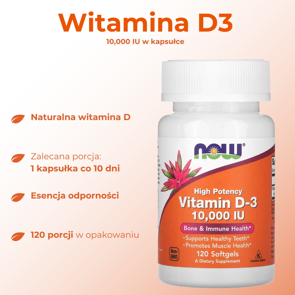 Opakowanie suplementu diety NOW Vitamin D-3 10,000 IU – widok z przodu. Produkt zawiera witaminę D3 wspierającą zdrowie kości i układu odpornościowego. Etykieta na białym tle z pomarańczowym logo NOW, z informacjami o dawkowaniu i składnikach.