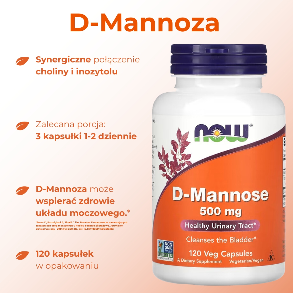 Opakowanie suplementu diety NOW D-Mannose 500 mg – widok z przodu. Produkt zawiera D-mannozę wspierającą zdrowie układu moczowego. Etykieta na białym tle z informacjami o dawkowaniu i składnikach.