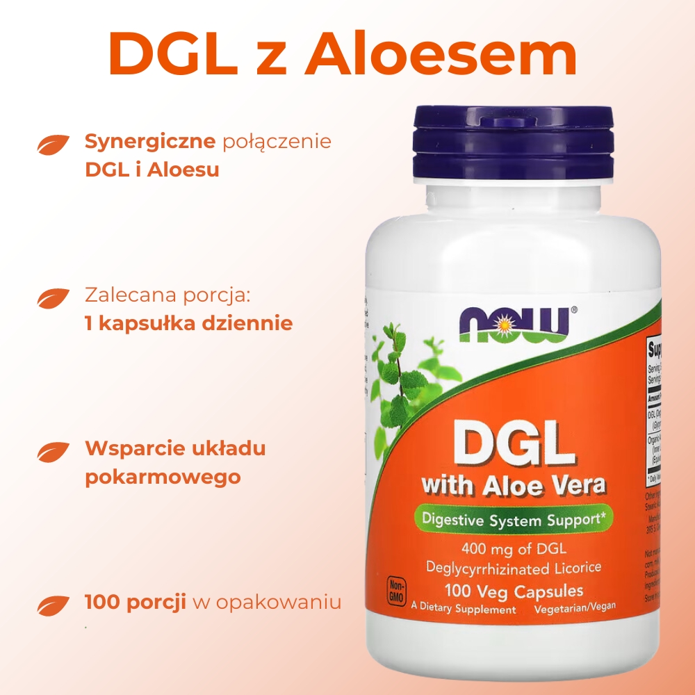 Opakowanie suplementu diety NOW DGL with Aloe Vera – widok z przodu. Produkt zawiera DGL i aloes wspierające zdrowie układu trawiennego. Etykieta na białym tle z informacjami o dawkowaniu i składnikach.