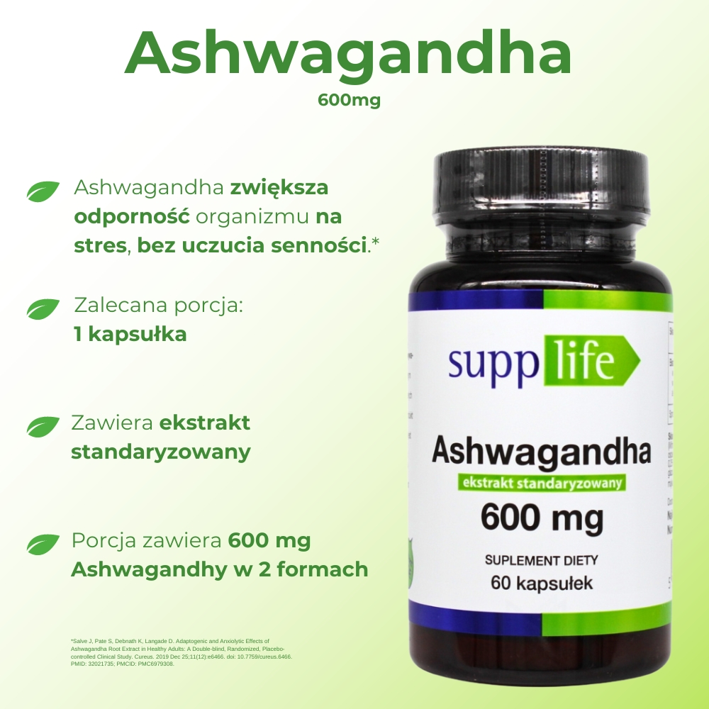 Opakowanie suplementu diety Supplife Ashwagandha 600 mg – widok z przodu. Produkt zawiera ashwagandhę wspierającą zdrowie psychiczne i fizyczne. Etykieta na białym tle z zielonym logo Supplife, z informacjami o dawkowaniu i składnikach.