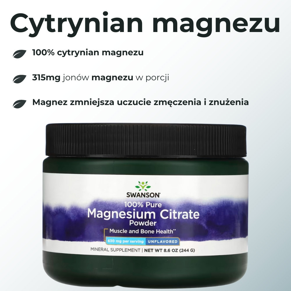 Opakowanie suplementu diety Swanson 100% PURE Magnesium Citrate Powder – widok z przodu. Produkt zawiera czysty cytrynian magnezu wspierający zdrowie mięśni i układu nerwowego. Etykieta na białym tle z informacjami o dawkowaniu i składnikach.