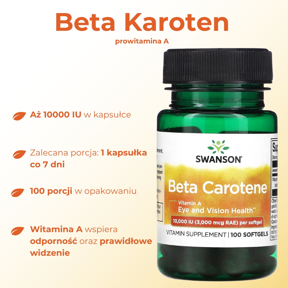 Opakowanie suplementu diety Swanson Beta-Carotene (Vitamin A) – widok z przodu. Produkt zawiera naturalny beta-karoten wspierający zdrowie skóry, wzroku i układu odpornościowego. Etykieta na białym tle z informacjami o dawkowaniu i składnikach.