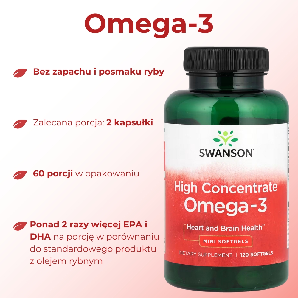 Opakowanie suplementu diety Swanson Omega-3 Fish Oil – widok z przodu. Produkt zawiera wysokiej jakości olej rybi AlaskOmega®, wspierający zdrowie serca, mózgu i oczu. Etykieta na białym tle z informacjami o dawkowaniu i składnikach.