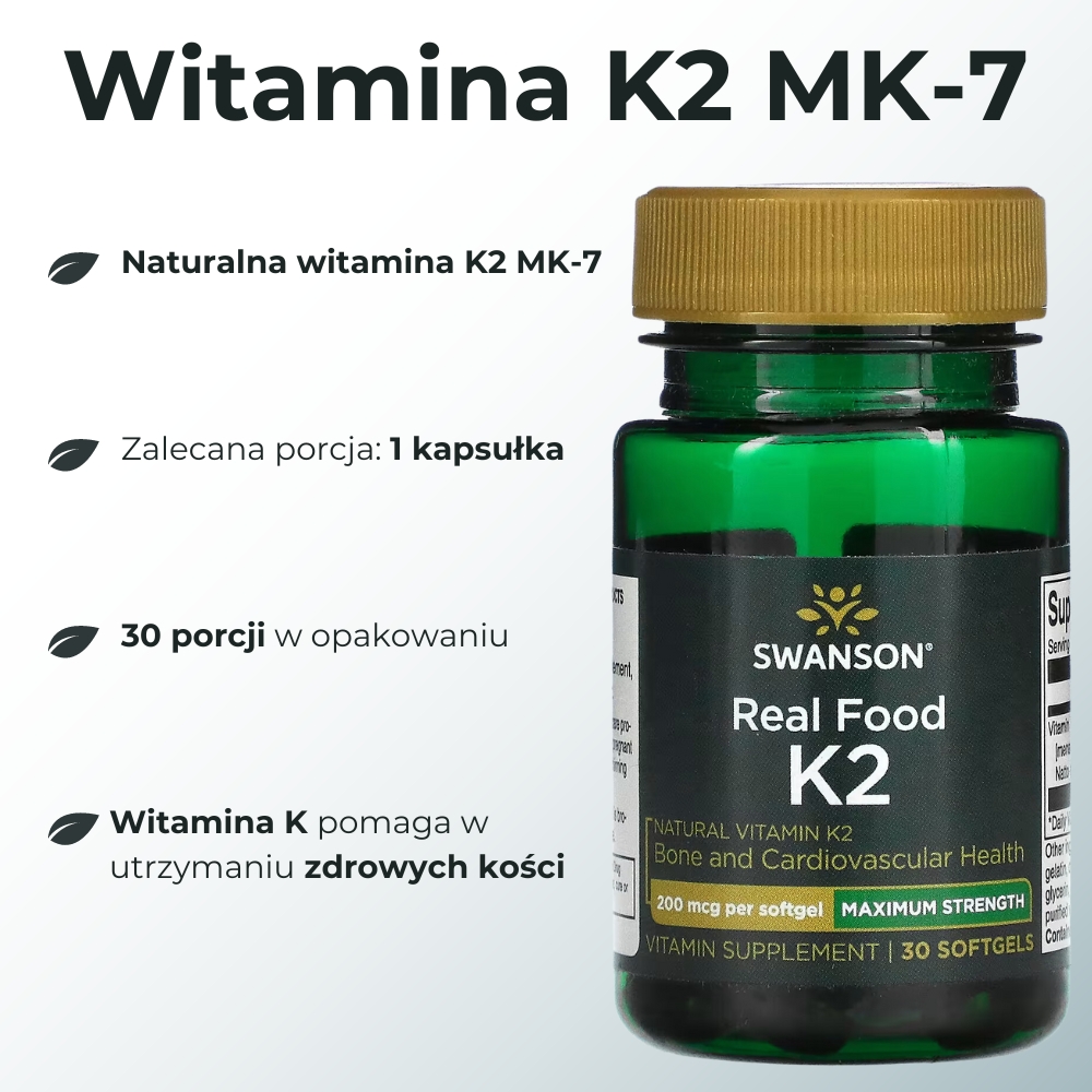 Opakowanie suplementu diety Swanson Vitamin K2 MK-7 200 mcg – widok z przodu. Produkt zawiera witaminę K2 wspierającą zdrowie kości i układu sercowo-naczyniowego. Etykieta na białym tle z informacjami o dawkowaniu i składnikach.